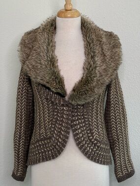 Anthro Charlie & Robin Y2K Wool Blend Knit Cardigan Sweater Faux Fur Collar Sz S